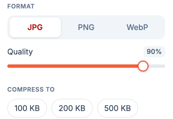 The editor's Format panel: JPG, PNG and WebP, a quality slider and Compress to 100 KB, 200 KB and 500 KB
