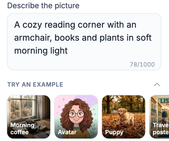 The editor's Create image panel with a description of a cozy reading corner and example prompts below it