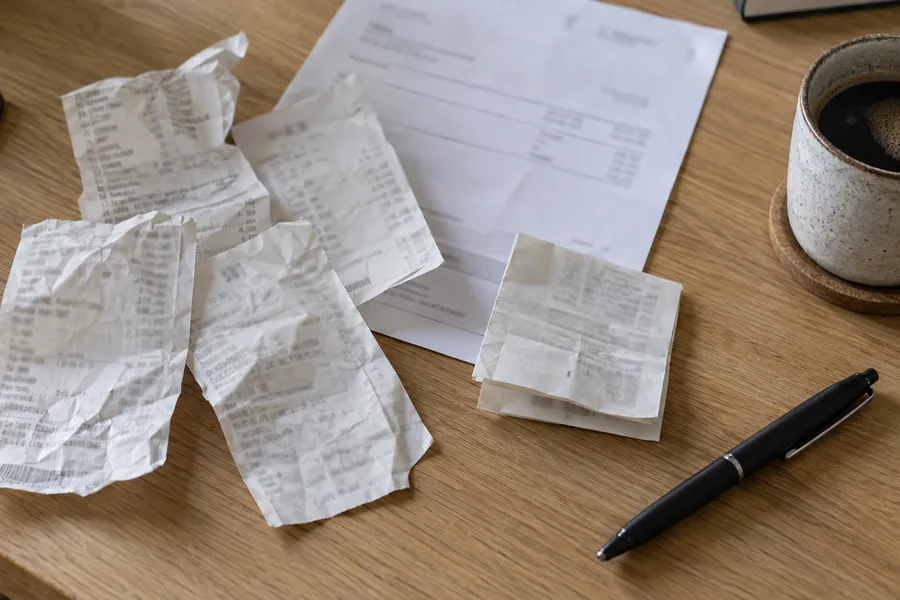 Paper receipts and an invoice ready to merge into one PDF