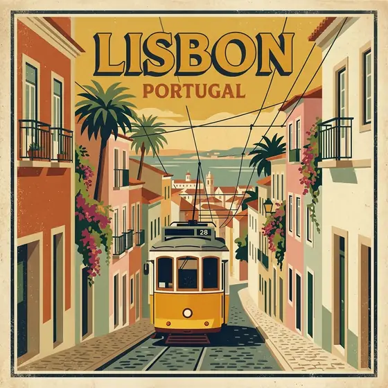 A retro travel poster of Lisbon with a yellow tram, bold flat shapes and vintage colors