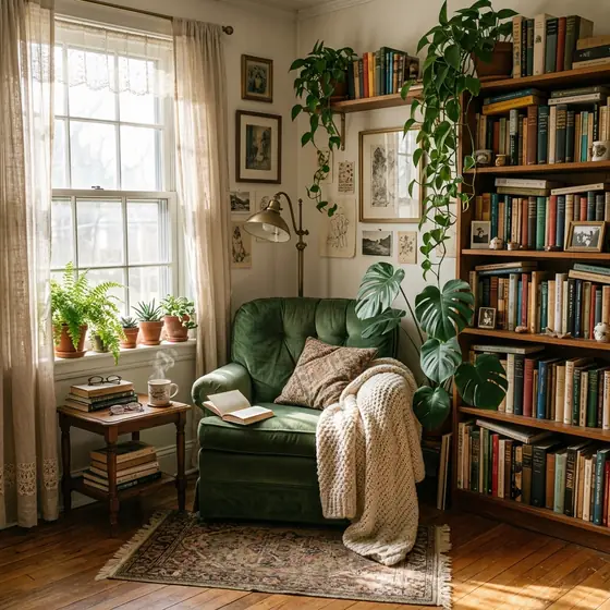 A cozy reading corner with an armchair, books and plants in soft morning light