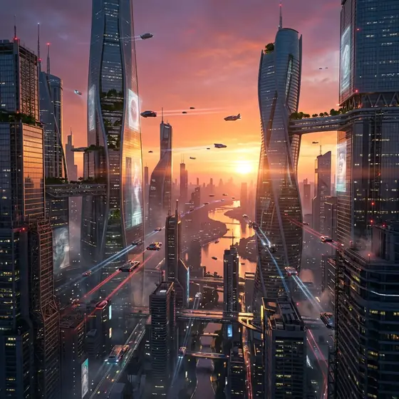 A futuristic city skyline at sunset with glass towers and flying cars