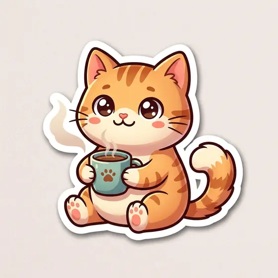 A cute cartoon cat holding a cup of coffee as a sticker with a thick white outline