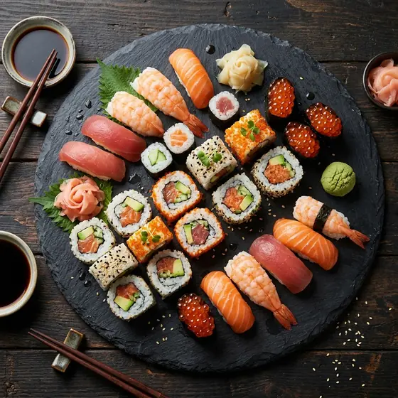 A platter of fresh sushi on dark slate, seen from above